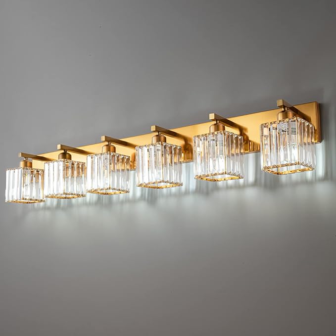 Modern 6-Light Gold Brushed Brass Finish Crystal Wall Light for Bathroom Vanity