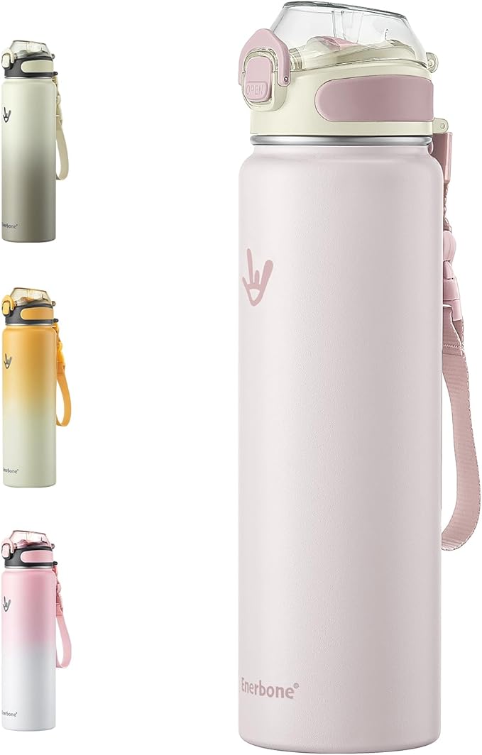 Enerbone 32 oz Insulated Water Bottle, Stainless Steel Bottle with Carrying Strap, Double-Wall Vacuum Insulation Design, Leakproof Sports Bottle with Straw, Keep Drinks Cold or Hot for Hours