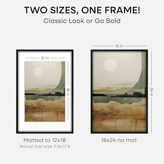 Homeforia 16x24 Black Wood Frame, High End Oak 16x24 Picture Frames with Mat 12x18 Photo, 16 x 24 Wooden Poster Frame Matted to 12 by 18 Print, 24x16 Hanging Frames, Tempered Glass, Wall Kit, Set of 1
