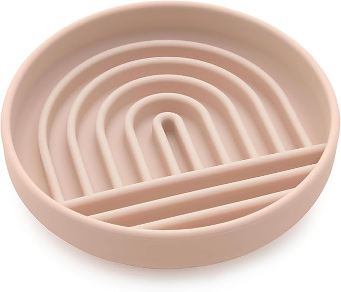 The Slowdown Bowl Silicone Slow Feeder for Cats & Dogs, Slow Eating Mealtime Solution with Modern Lick Mat Design, Reduces Gulping, Fits 1 Cup 6” Across x 1.25” Tall, Small-Tan