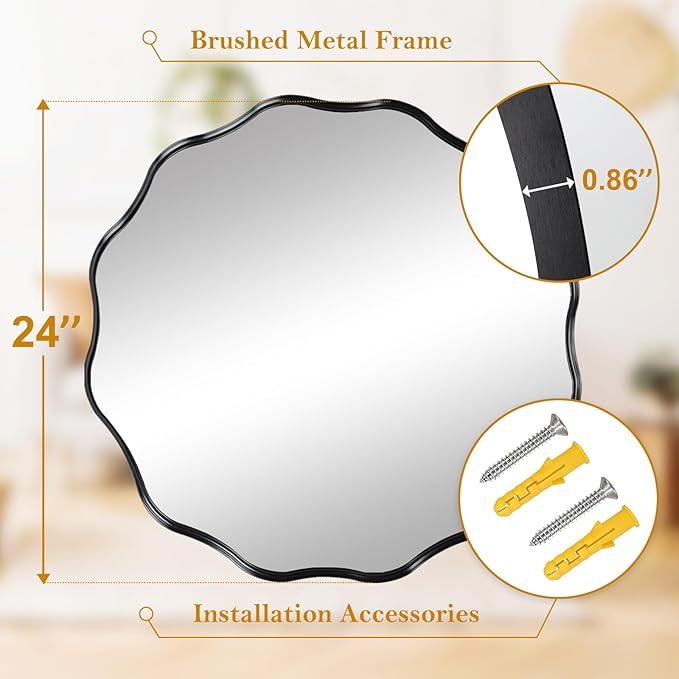 Fabuady Black Round Wavy Edge Mirror - 24'' Circle Wall Mirror with Metal Frame, Decorative Hanging/Leaning Mirror for Bathroom, Bedroom, Living Room, Hallway, Entryway, Office, Home Decor