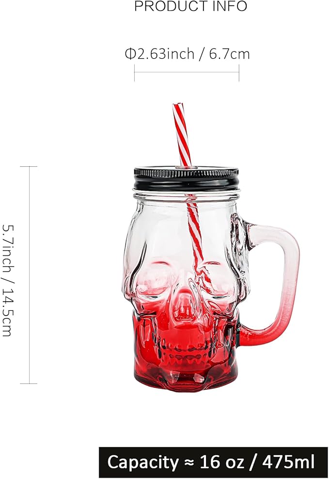 Halloween Cups Set of 4 - Skull Mason Jar with Lids Straws and Handle - Colorful Drinking Glasses for Halloween Party Bar Decor, 16 oz