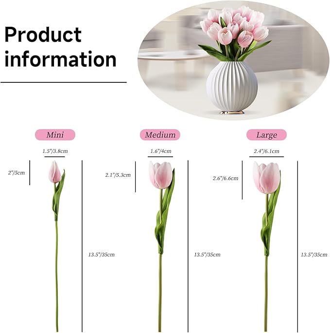 Buart Artificial Tulip in Bulk for Home Kitchen Wedding Bridal Bouquet,Fake Flowers for Valentine's Day Mother's Day Easter Table Centerpieces Decorations(Large Size,Pink,Real-Touch,12pcs)