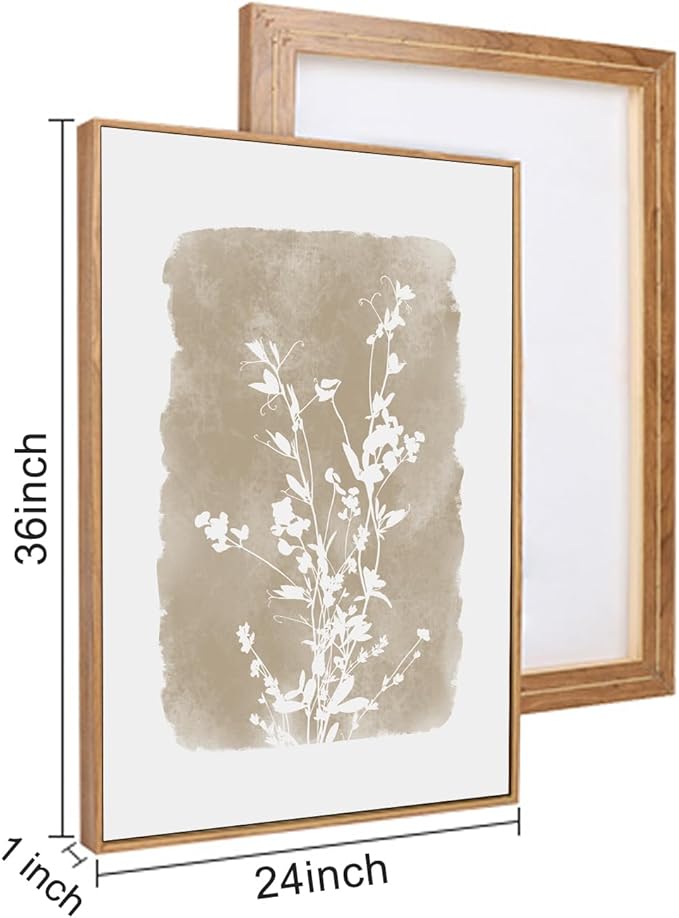 HPINUB Large Boho Wildflowers Canvas Framed Wall Art Set,Minimalist Vintage Flower Wall Decor,Beige Floral Botanical Artwork for Living Room Bedroom,Dining Room,Office -24"x36"x3