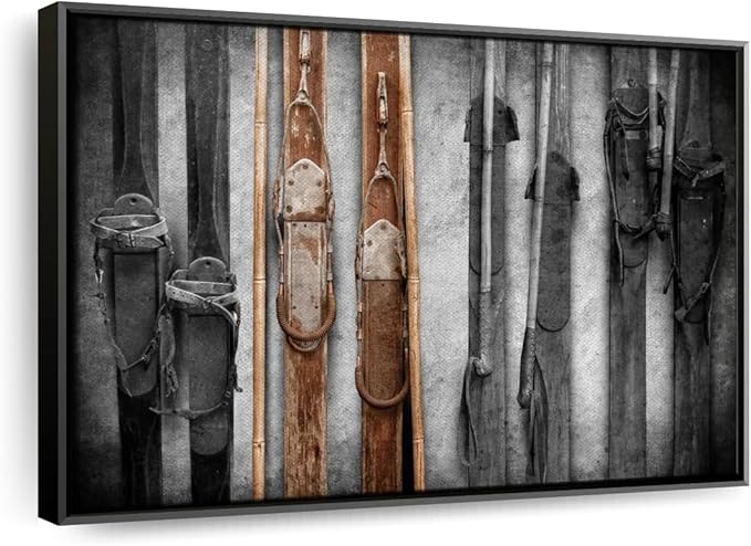 ElephantStock Ski Collection Wall Art - Horizontal Framed Canvas - 1-Piece Bathroom Wall Decor - Photography sports Canvas Print - Brown and Black Decor for Wall - 13" X 9"