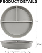 greenandlife 9 Inch 4PCS Divided Plates with Lids, Portion Control Plates for Kids Adults, Dishwasher Microwave Safe Compartment Plate, Unbreakable Lightweight Reusable Wheat Straw Plate, Grey Black