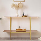 Extra Large Glass Console Table for Living Room, Foyer & Entrance, L47 x W16 x H31, Mid-Century Modern Sofa Table with Amber Glass Top, Walnut Finish Wood Top and Gold Finish Metal Frame