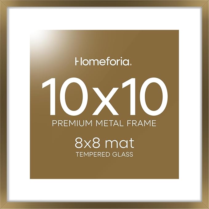 Homeforia 10x10 Picture Frame Bronze, High End Metal 10 by 10 Square Brass Frames with Mat 8 x 8 Photo, 10x10 Poster Frame Matted to 8x8 Art, Wall or Tabletop Frame, Tempered Glass, Wall Kit, Set of 1