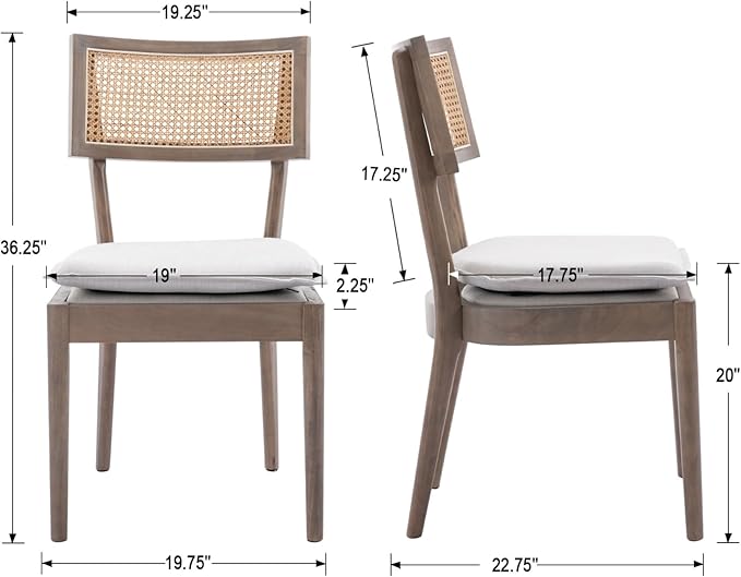 Rattan Dining Chairs Set Of 4 , Mid Century Modern Upholstered Cane Back Chairs with Removable Linen Cushion , Retro Farmhouse Natural Wooden Kitchen & Dining Room Chairs for Restaurant Living Room