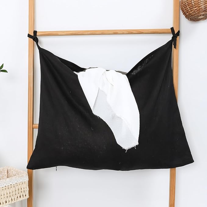 Hanging Linen Laundry Bag, 100% Pure Flax Linen Over The Door Hamper with Bottom Zipper for Laundry Room, Household Dirty Cloth Storage Organizer Bag, Black