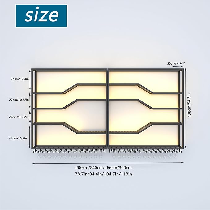 118in Wall Mounted Wine Rack with LED Light, 5-Tiers Liquor Bottles Display Shelf with Glasses Holder, Metal Home Bar Shelves with Industrial Iron Frame for Kitchen (Black, 118in/9.84ft)