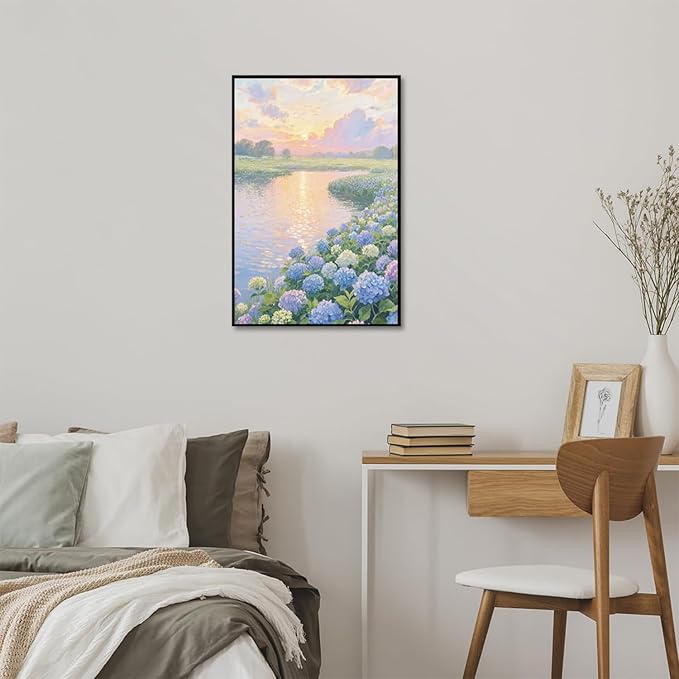 The hydrangea scenery all over the lake at sunset is suitable for posting in the living room bedroom office landscape poster wall painting