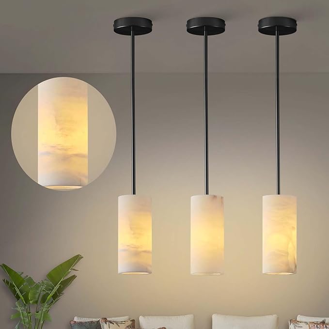 Alabaster Pendant Light Kitchen Island, H-9.5in Black Pendant Light Fixtures with Natural Marble Shade, Adjustable Ceiling Pendant for Dining Room, Living Room, Bedroom & Bathroom