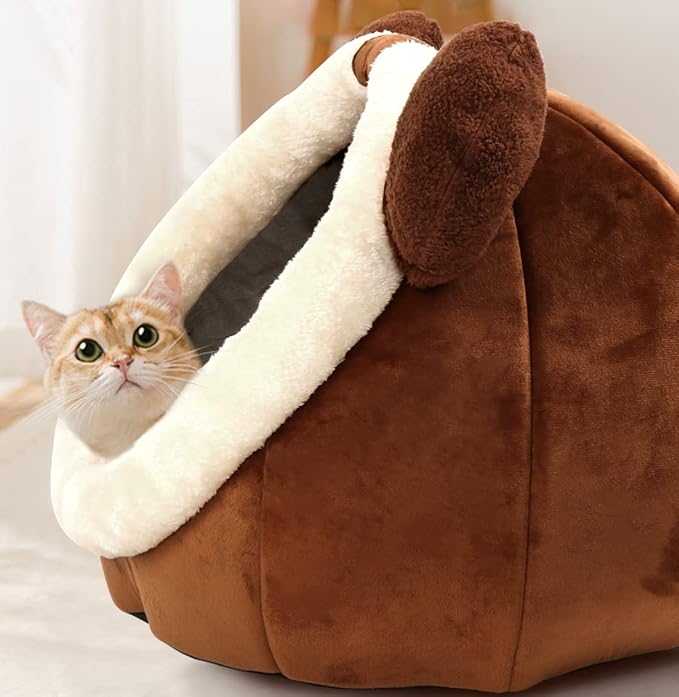 Cat Beds for Indoor Cats - Cat Bed Cave with Removable Washable Cushioned Pillow, Soft Plush Premium Cotton No Deformation Pet Bed, Roomy Bear Cat House Design, Multiple Sizes-L