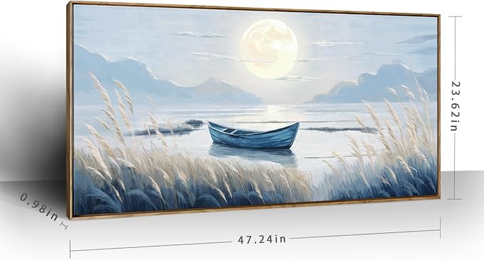 amatop Large Framed Wall Art Bedroom Living Room Decor Blue Boat Moonlight Coastal Seascape Picture Landscape Decorative Canvas Print Tranquil Night Ocean Lake Scene Artwork Nautical Wall Decor 48x24