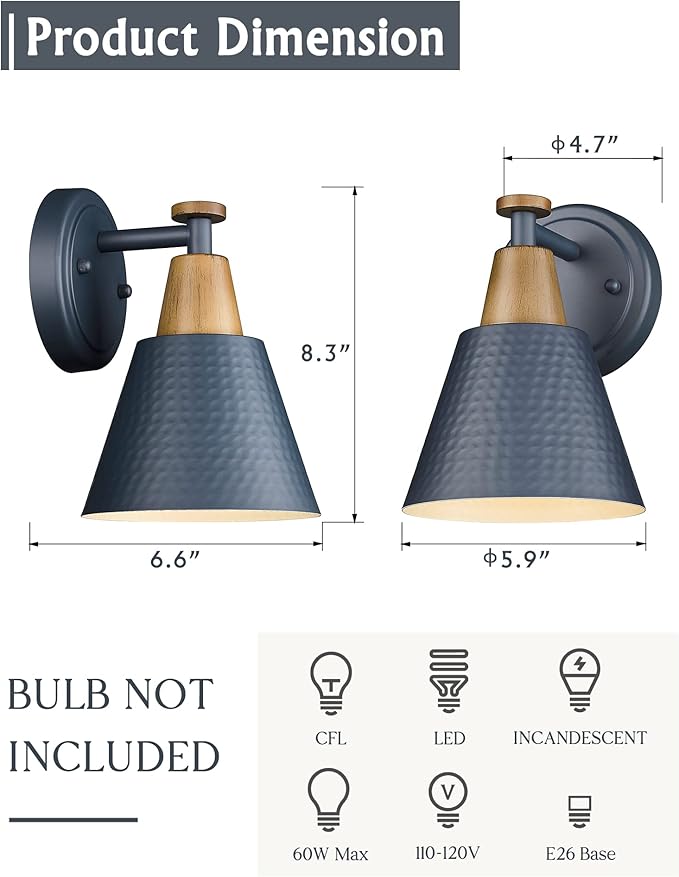 FEMILA 1-Light Wall Sconces, Modern Sconces Wall Lighting with Hammered Metal Shade, Bathroom Vanity Light Fixtures Wall Lamp for Mirror Bedroom, Dark Blue,4FG59B Blue