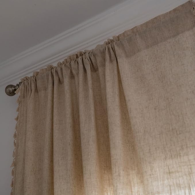 Sutuo Home Boho Curtain 63 Inches Long for Bedroom, Natural Linen Look Textured Burlap Rod Pocket Chic Semi Blackout Bohemian Handmade Tassels Window Treatment for Living Room, 1 Panel 59" W x 63" L