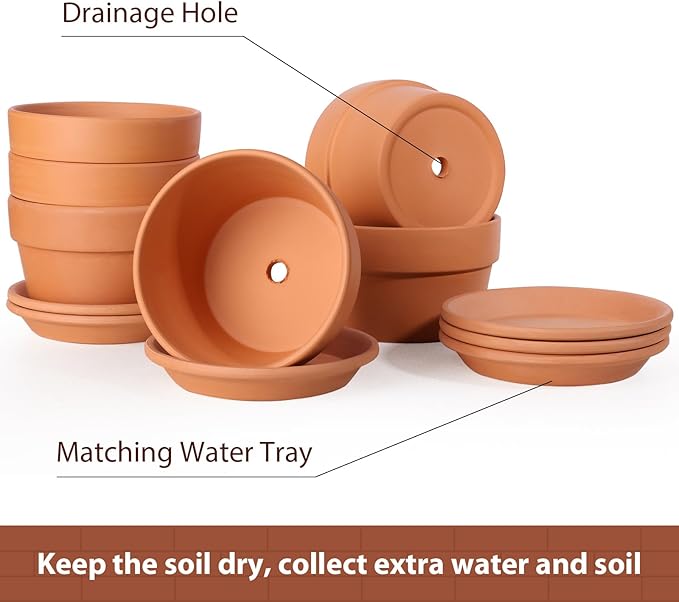 INGOFIN 5 Inch Terracotta Shallow Pots Set with Saucer - Ceramic Clay Pots with Drainage Hole, Terra Cotta for Plants for Indoor Outdoor Plants, Set of 6