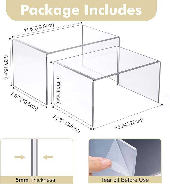 Acrylic Clear Kitchen Rack for Dishes, Spices Jars and Mugs, Kitchen Counter Cabinet Organizer, Clear Spice Rack Shelves, 5mm Thick, 2 Pack