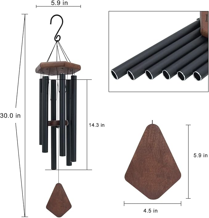 Wind Chimes for Outside, 30" Black Aluminium Wind Chime with Wind Catcher, Outdoor Garden Patio Decoration Windchimes, Classic Zen Gift for Men and Women