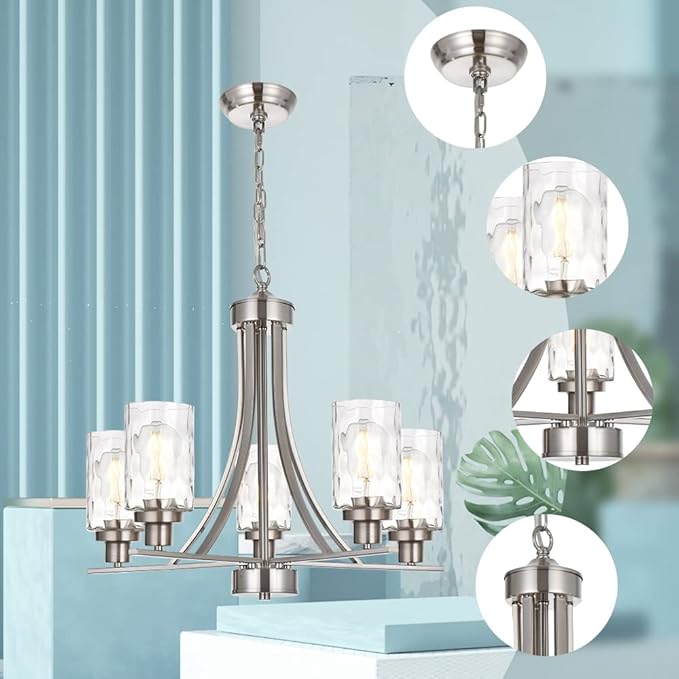 BONLICHT 5 Light Modern Chandeliers Brushed Nickel Kitchen Island Dining Room Lighting Fixtures Ceiling Hanging Clear Hammered Glass Pendant Lamp Transitional Pendant Lights for Living Room Foyer