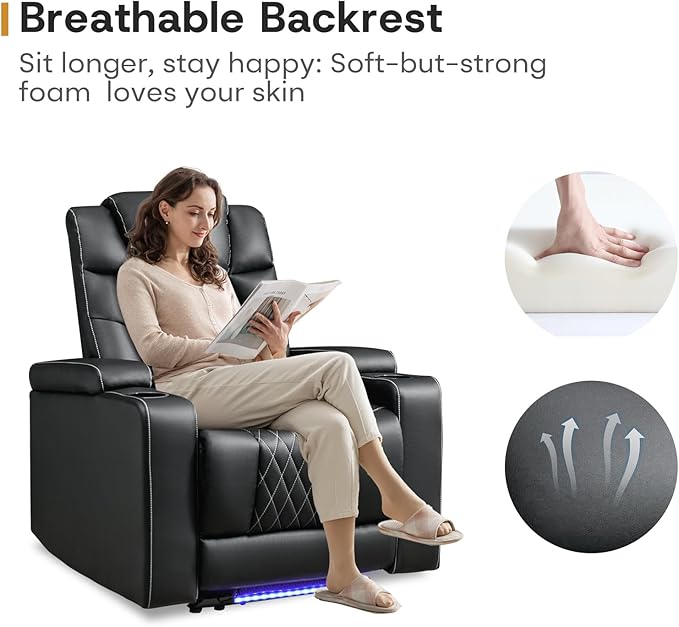 ANJ Power Recliner Chair with USB Port, Electric PU Leather Home Theater Seating for Living Room, Movie Reclining Chairs with Blue Ambient Lighting, Hidden Arm Storage, Cup Holders (Black)