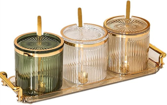 Acrylic Condiment Spice Jars,Condiment Spice Box With Lids and Spoons and Tray,Clear Plastic Sugar Salt Canisters,Seasoning Box 3 Pack,Seasoning Box Set for Kitchen to Storage Salt,Paprika,Sugar