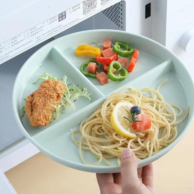 9" Unbreakable Divided Plates Set of 5, Wheat Straw Plate Reusable Dinnerware Portion Control Plates, Round Bariatric Plastic Plate for Kids Adults, BPA-free, Dishwasher Safe