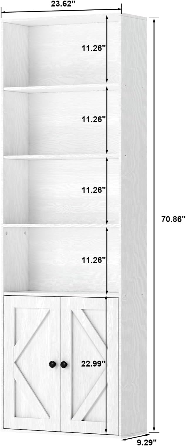 Tall White Bookcase with Doors – Wooden Bookshelf with Storage Cabinet & Shelves for Living Room, Bedroom, or Office