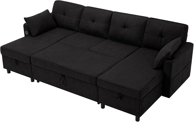 110 Inches Chenille Sectional Sofa w/Pull Out Sofa Bed & Adjustable Back, Tufted U Shaped Couch w/Two Storage Chaises, Sleeper Sectional Sofa w/USB Port & Cup Holders for Living Room, Black
