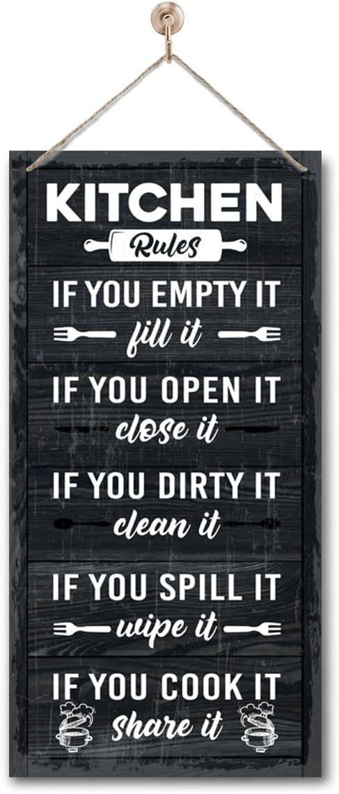 Hanging Kitchen Rules Wood Decor Sign, Rustic Kitchen Wooden Signs, Printed Wood Wall Art Sign, Kitchen Door Rules Rustic Sign, Hanging Wood Sign Kitchen Decor, Funny Farmhouse Kitchen Wall Décor A1