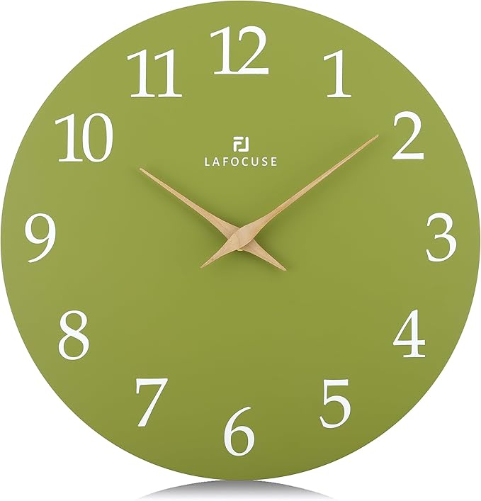 Lafocuse 12 Inch Silent Olive Green Wall Clock Battery Operated for Living Room Decor, Simple Minimalist Wooden Wall Clock for Kitchen Bedroom Office