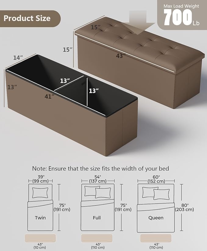 Storage Ottoman Bench, Folding Ottoman Foot Rest, End of Bed Bench,Storage Chest, for Living Room, Bedroom, Hallway, Entryway, Holds up to 700 lb (BROWN1, 43")