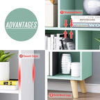 IOTXY Wooden Open Shelf Bookcase - 3-Tier Floor Standing Display Cabinet Rack with Legs, 7 Cubes Bookshelf, Tiffany-Green