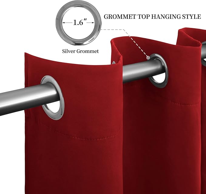 Easy-Going Blackout Curtains for Bedroom, Solid Thermal Insulated Grommet and Noise Reduction Window Drapes, Room Darkening Curtains for Living Room, 2 Panels (52x63 in,Christmas Red)