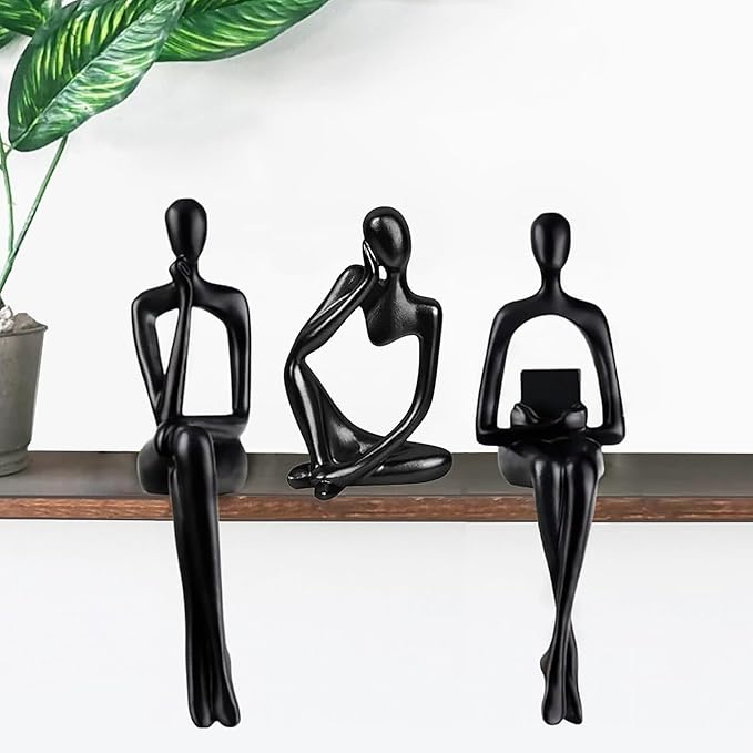 Home Decor Thinker Statue Accents, Set of 3 Thinker Sculptures Office Decor Modern Abstract Resin Decoration on Shelf Table Desk for Living Room Office Bedroom (Large Black)