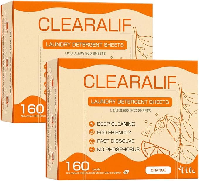 CLEARALIF Laundry Detergent Sheets (320 Loads), Orange,Great For Travel,Apartments, Dorms,CLEARALIF Laundry Detergent Strips Eco Friendly & Hypoallergenic (80 Count, Pack of 2)