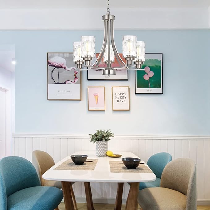 BONLICHT 5 Light Modern Chandeliers Brushed Nickel Kitchen Island Dining Room Lighting Fixtures Ceiling Hanging Clear Hammered Glass Pendant Lamp Transitional Pendant Lights for Living Room Foyer