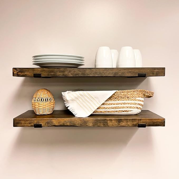 Rustic Shelves with J-Brackets Set of 2, Industrial Shelf, Kitchen Shelves, Solid Wood, Decorative Wall Storage, Heavy Duty, URBANDI (Dark Brown, 12Wx12D)