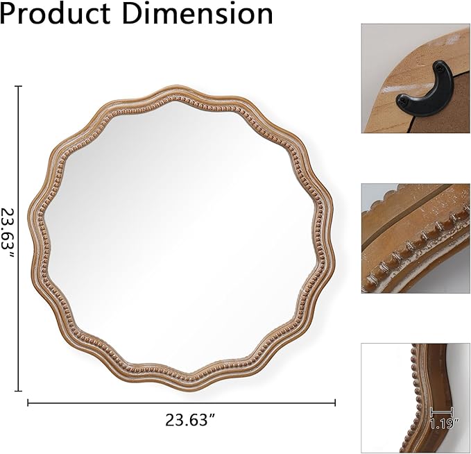Round Mirror Vanity Mirrors for Bathroom with Wavy Wood & Beaded Frame - Wall Mirrors for Living Room,Entry Mirrors for Wall,Decorative Mirror