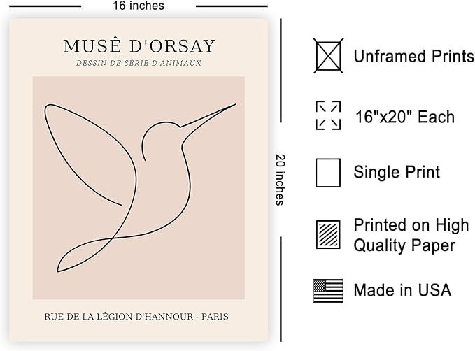 Poster Master Vintage Poster - Retro One Line Hummingbird Drawing Print - Bird Line Art - Minimal Gift for Him, Her, Animal Lover - Abstract Decor for Home, Office - 16x20 UNFRAMED Wall Art
