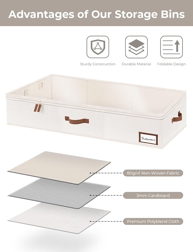 StorageWorks Extra Large Under Bed Storage Containers with Handles and Label Holder, 2 Pack Ultra-thick Fabric Underbed Bins, Closet Organizer for Clothes, Blankets, Sweater