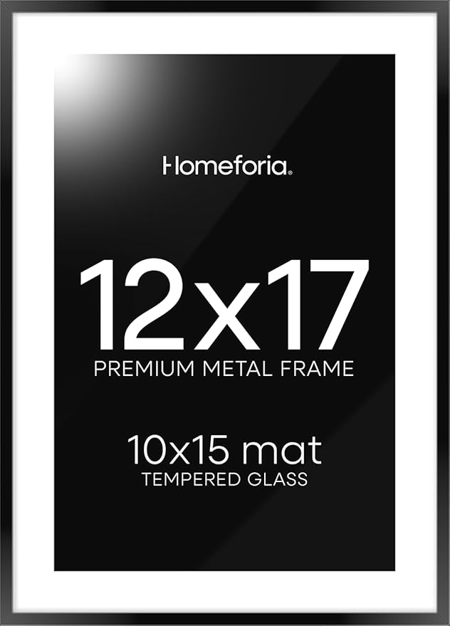 Homeforia 12x17 Picture Frame Black, High End Metal 12x17 Poster Frames with Mat 10x15 for Photo, 12 x 17 Black Frame Matted to 10 x 15 inch Print, 17x12 Thin Frame, Tempered Glass, Wall Kit, Set of 1