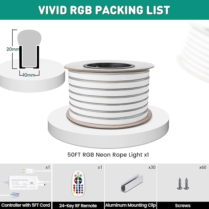 GZBtech RGB LED Neon Rope Lights 50FT/15M, AC 110-120V Waterproof Color Changing LED Rope with Remote Controller, Dimmable Multi Color Neon Rope Lighting for Indoor Outdoor Commercial Use