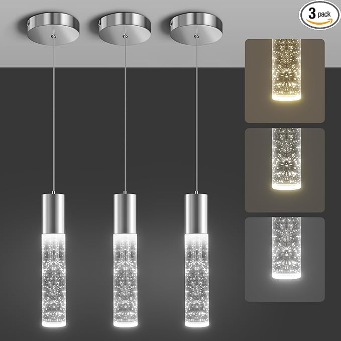 OKELI Modern Pendant Lights,3 Color LED Bubble Crystal Island Light Fixtures,Chrome Mini Pendant Lighting for Kitchen Island,Bar,6W,3000-6000K,ETL,3 Pack