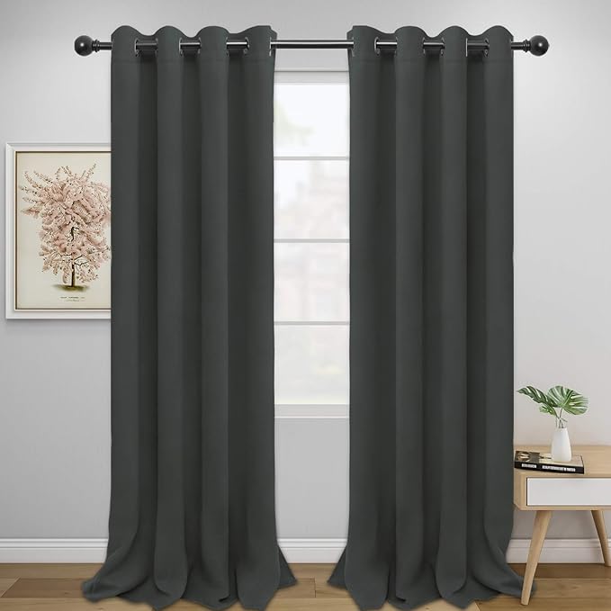 Easy-Going Blackout Curtains for Bedroom, Solid Thermal Insulated Grommet and Noise Reduction Window Drapes, Room Darkening Curtains for Living Room, 2 Panels (52x96 in,Dark Gray)