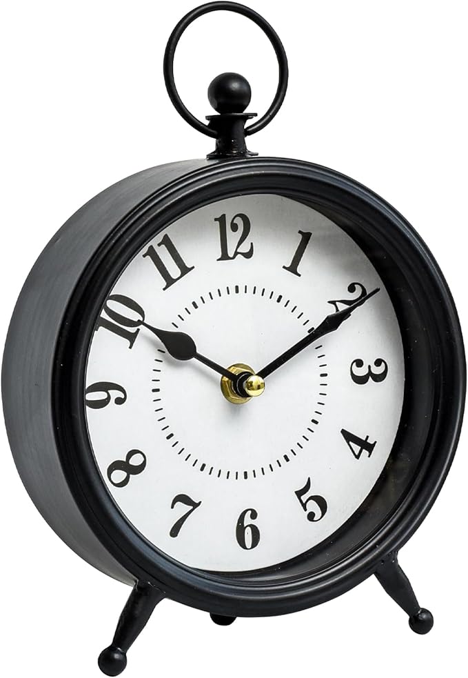 Vintage Non-Ticking Black Table Clock with Stand, Decorative Clock for Desk and Shelf, Rustic Farmhouse Style Mantel Timepiece
