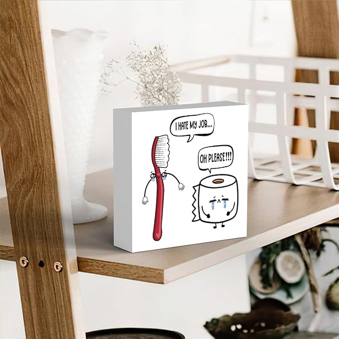 Funny Bathroom Decor, Funny Bathroom Wall Art, Black and White Bathrooms Decoration Decor for Shelves, Wooden Box Decor Sign for Home Farmhouse Office Living Room Table