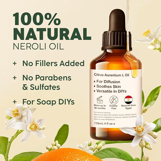 Kukka Neroli Essential Oil for Diffuser Skin - 4 Fl Oz - 100% Pure Natural Neroli Oil, Floral Scent, for Aromatherapy, Candle, Bath Bomb & Soap Making Scent DIY