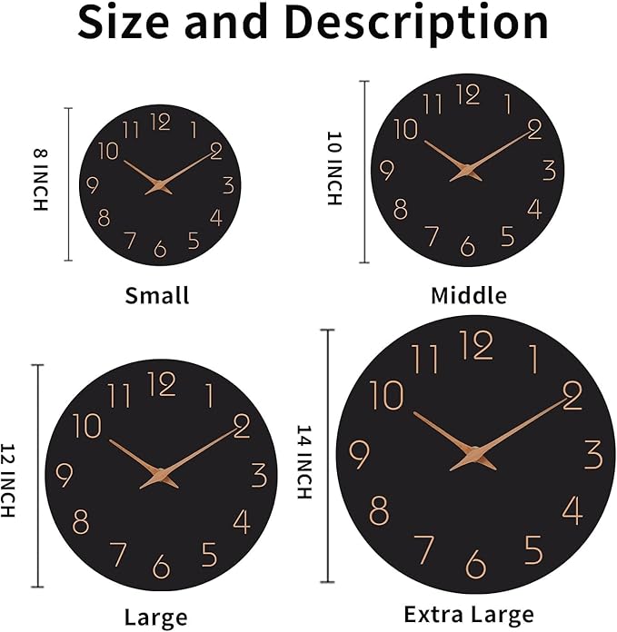 Mosewa Wall Clock 8 Inch Black Battery Operated Silent Non Ticking Simple Minimalist Rose Gold Numbers Decorative for Bedroom Living Room Kitchen Home Bathroom Office